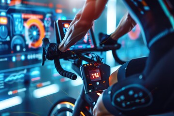 Close-up of a cyclist using a stationary bicycle with advanced digital dashboard monitors for fitness tracking.