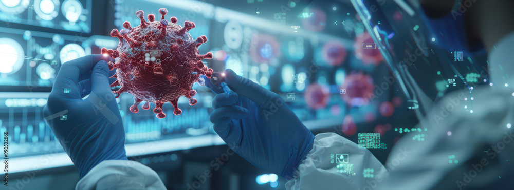 Poster close-up of a scientist analyzing a virus sample in a high-tech laboratory, showcasing advanced medi