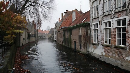 A canal runs through a picturesque town with old brick buildings lining the waterway.