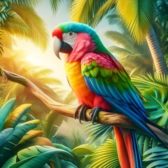 Colorful Parrot Perched on a Tropical Tree Branch