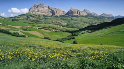 Fototapeta premium A field of vibrant yellow flowers fills the green grass in the Italian Dolomites, creating a serene atmosphere under a clear blue sky, surrounded by majestic mountains