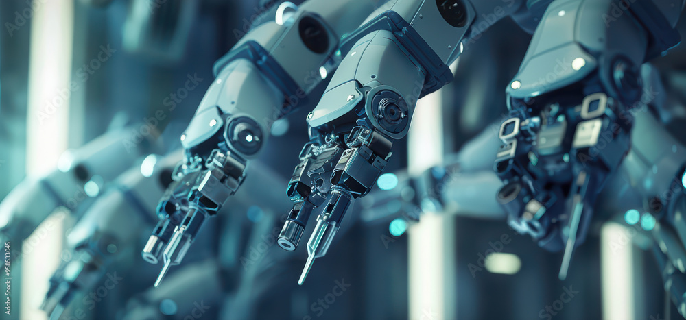 Poster close-up of advanced robotic arms, showcasing precision engineering and intricate mechanics in a fut