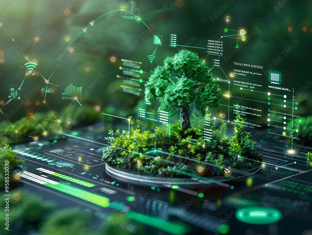 Aufkleber intelligence monitoring climate data and environmental sensors in futuristic nature setting