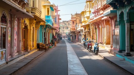 Obraz premium The vibrant streets of Jaipur, lined with colorful buildings and markets, completely empty, showcasing India's cultural richness in silence