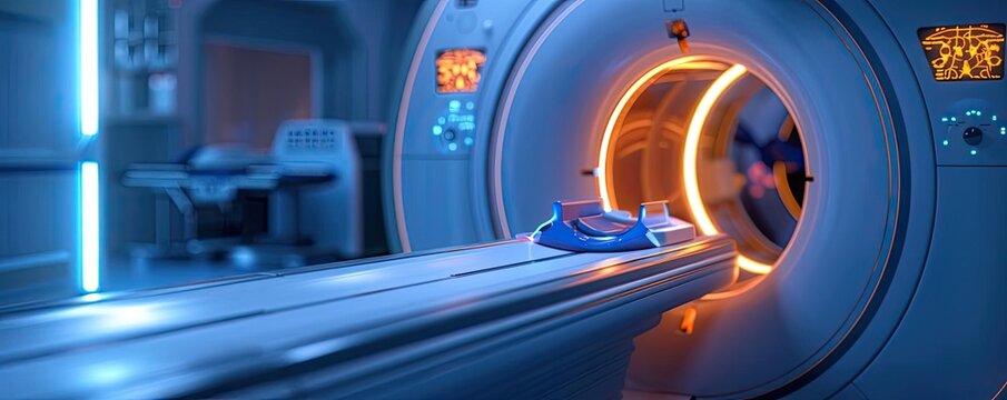 High-tech medical imaging equipment in a modern facility, featuring a MRI machine ready for patient examination.