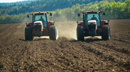 Obraz premium Tractors plowing through the soil in a large field, preparing the land for the next planting season, depicting modern farming techniques.