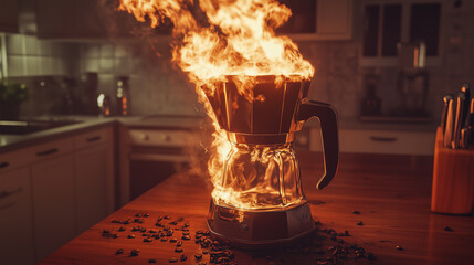 Coffee Machine Engulfed in Flames on Kitchen Counter – Photorealistic Fire and Smoke Scene