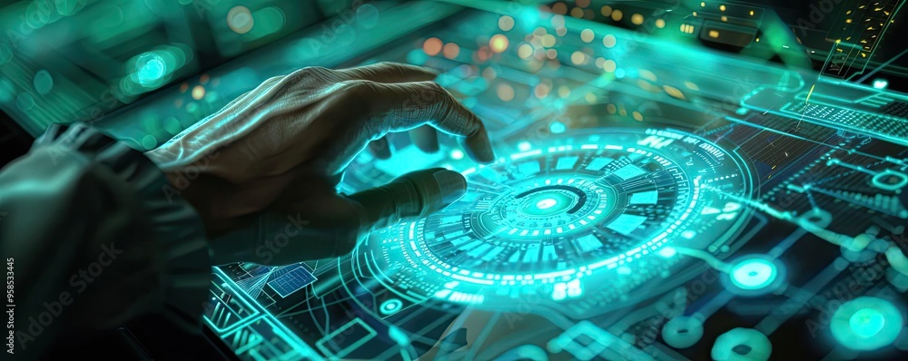 Poster futuristic interface with hand interacting with glowing technology on a touchscreen, representing in