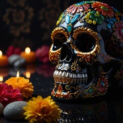 El Dia de los Muertos altar with marigolds and sugar skulls, vibrant and traditiona