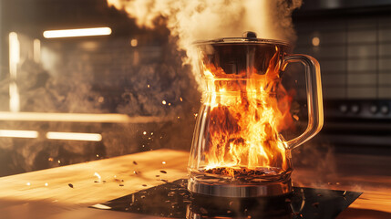 Coffee Machine Engulfed in Flames on Kitchen Counter – Photorealistic Fire and Smoke Scene