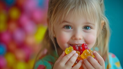 Naklejka premium Smiling young girl holding and eating colorful gummy candies, with a bright and cheerful background, capturing a joyful moment.