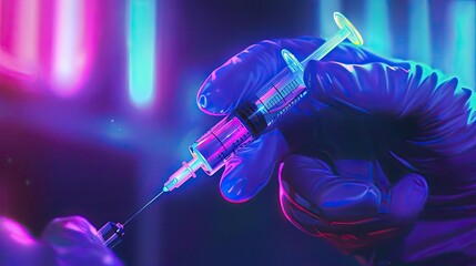 A futuristic medical scene featuring a gloved hand holding a syringe under colorful neon lights, symbolizing healthcare and technology.