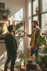 Obraz premium Two friends enjoy a conversation about art in a sunlit living room filled with houseplants and framed paintings.