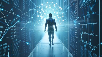 A man walks through a futuristic hallway with digital data screens.