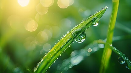 Close up Water Droplet on Lush Green Grass Blade with Reflections and Textural Details