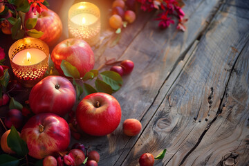 Rosh Hashanah, jewish new year holiday concept with traditional symbols, apples, honey, pomegranate. Rosh hashanah background.