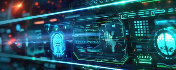 Fototapeta premium Futuristic digital interface showcasing advanced technology with glowing elements and intricate data visuals.