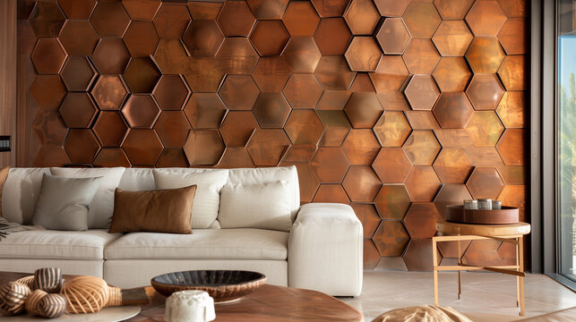 Living room with a sofa in front of a wall featuring a honeycomb pattern in mixed metallic finishes. interior design concept 