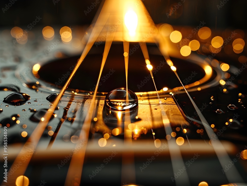 Poster mesmerizing water drop on guitar string with detailed texture and refraction