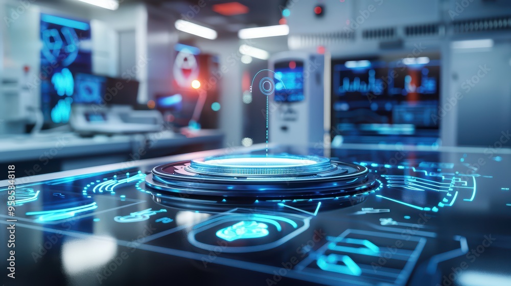 Poster futuristic digital interface with glowing elements in a modern laboratory, showcasing advanced techn