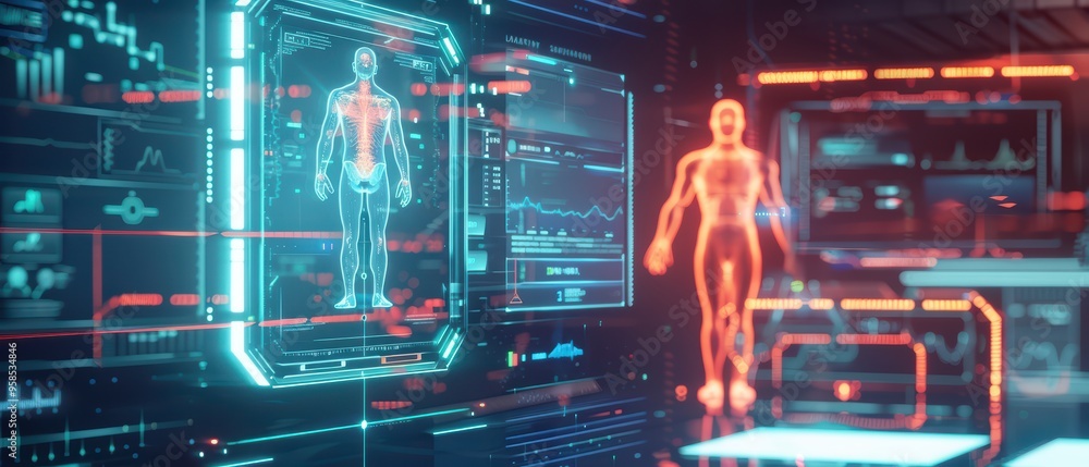 Poster futuristic health technology with holographic figures and data visualization in a modern lab setting