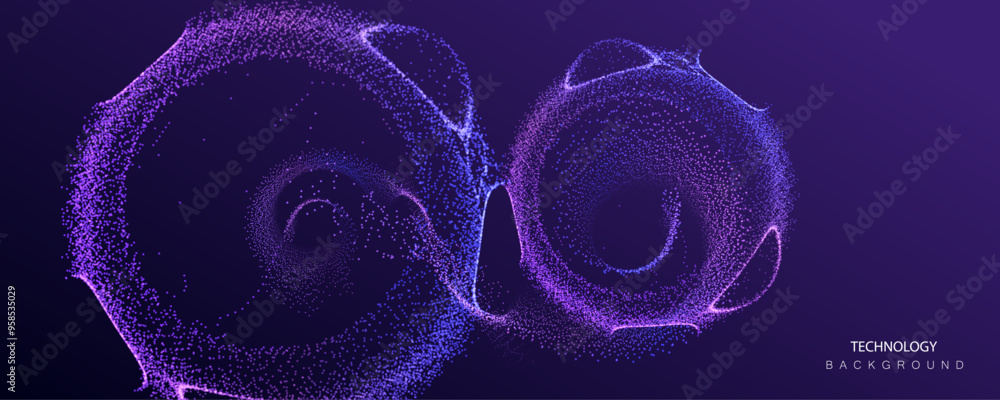 Poster technology ai particles banner. dots explosion big data neon round background. artificial intelligen