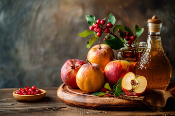 Rosh Hashanah, jewish new year holiday concept with traditional symbols, apples, honey, pomegranate. Rosh hashanah background.