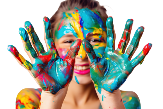 Pair of hands painted with happy smiley faces, isolated on white background