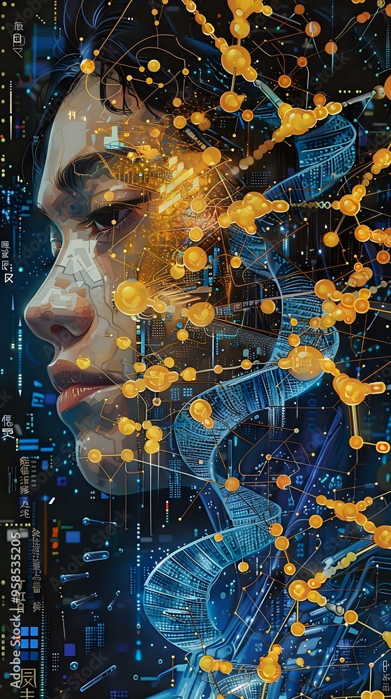 Poster futuristic and artistic representation of a woman's profile intertwined with dna strands and data vi