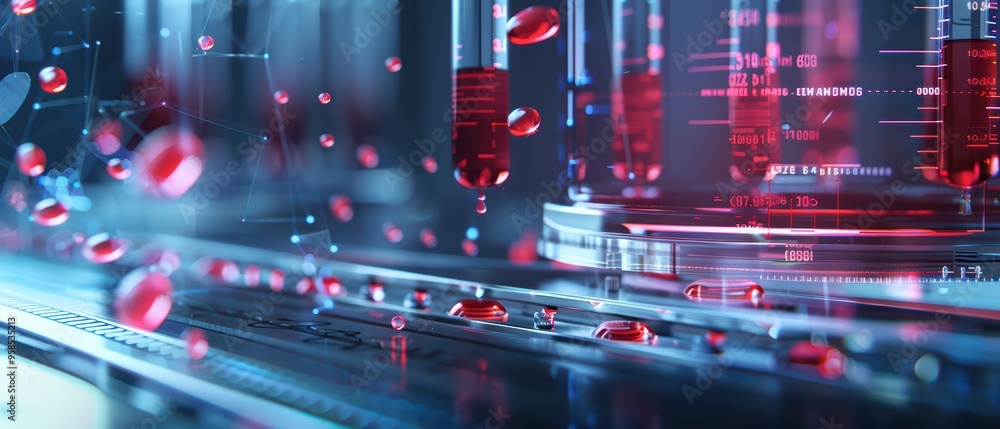 Poster futuristic laboratory scene with glowing test tubes and red liquid droplets cascading in a high-tech