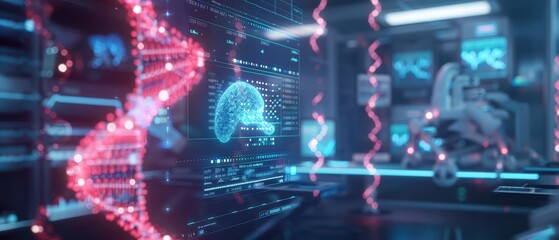 Obraz premium Futuristic laboratory scene featuring digital DNA and brain visualization technology, ideal for scientific innovation themes.