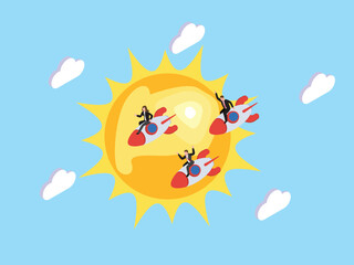 Three individuals zooming through a bright sky on rocket-powered devices above a sunny landscape 3d isometric vector illustration