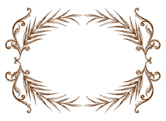 Decorative vintage frame from twigs, swirls, tendrils, retro style, design element,greeting card decor, background, vector hand drawn illustration isolated on white
