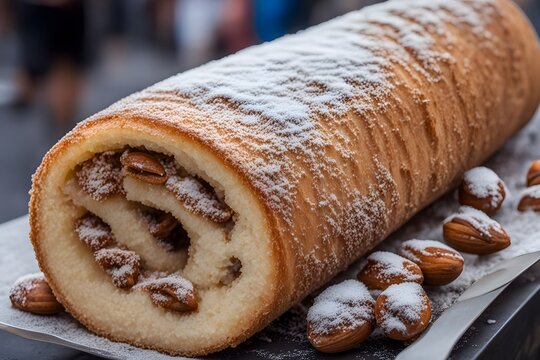 Czech trdelnk cylindrical pastry coated in sugar and nuts served hot from a street vendor, Ai Generated