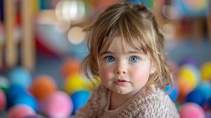 Fototapeta premium portrait of a cute toddler with wide blue eyes, surrounded by colorful plastic balls. The soft, playful environment captures childhood innocence, perfect for family-oriented brands, daycare advertis