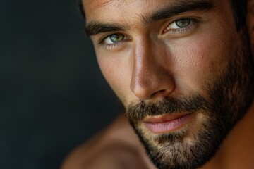 Obraz premium The young muscular male model showcases his striking facial features with an intense expression, emphasizing his strong build.