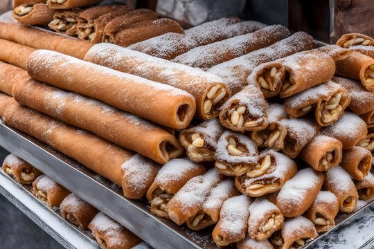 Czech trdelnk cylindrical pastry coated in sugar and nuts served hot from a street vendor, Ai Generated