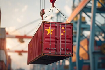 A bright red container marked with the Chinese flag is being lifted by a crane at a busy shipping terminal against a sunset backdrop.