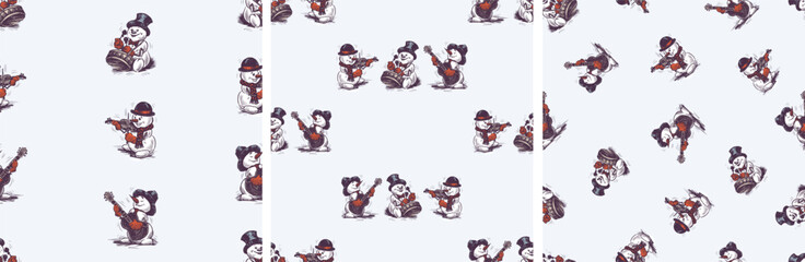 Materiał do szycia Seamless patterns of drawn cheerful cartoon musician snowmen playing in christmas, vector hand drawn background, wallpaper, paper, textile