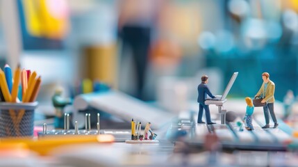 Miniature figures at an office desk, representing teamwork and creativity in a modern workspace environment.