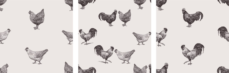 Seamless patterns of sketches various farm roosters and hens, realistic hand drawings, vector backgrounds, wallpaper, paper