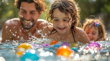 A joyful image of children playing in a pool, smiling and splashing around with inflatable toys under the sunlight. Perfect for promoting summer activities, family vacations, and outdoor fun.