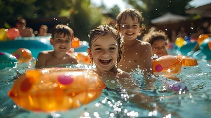 A joyful image of children playing in a pool, smiling and splashing around with inflatable toys under the sunlight. Perfect for promoting summer activities, family vacations, and outdoor fun.