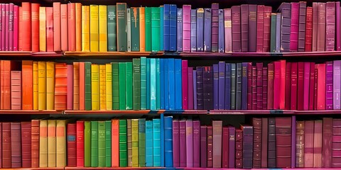 A beautifully organized bookshelf featuring books with covers in a gradient of colors, creating a rainbow-like effect. Ideal for themes involving literature, organization, or interior design.