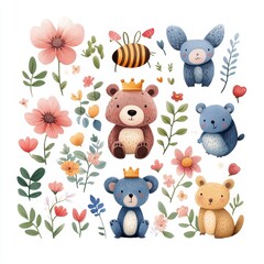 Colorful and cute animal illustrations with flowers, perfect for children's decor, invitations, and educational materials.