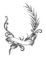 Sketches of decorative vintage twigs swirls, tendrils, ribbon, retro style design element, decor, vector hand drawn illustration isolated on white