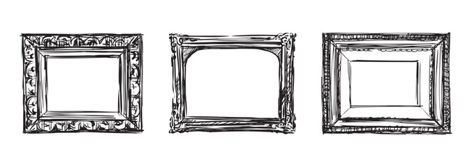 Sketches of three decorative wooden vintage picture frames, vector hand drawn illustration isolated on white background