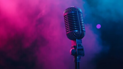 Vintage Microphone on Stage with Neon Lights