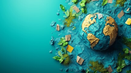 Sustainability and Recycling Awareness Background Showing Planet Earth Amid Plastic Waste for World Cleanup Day Campaign