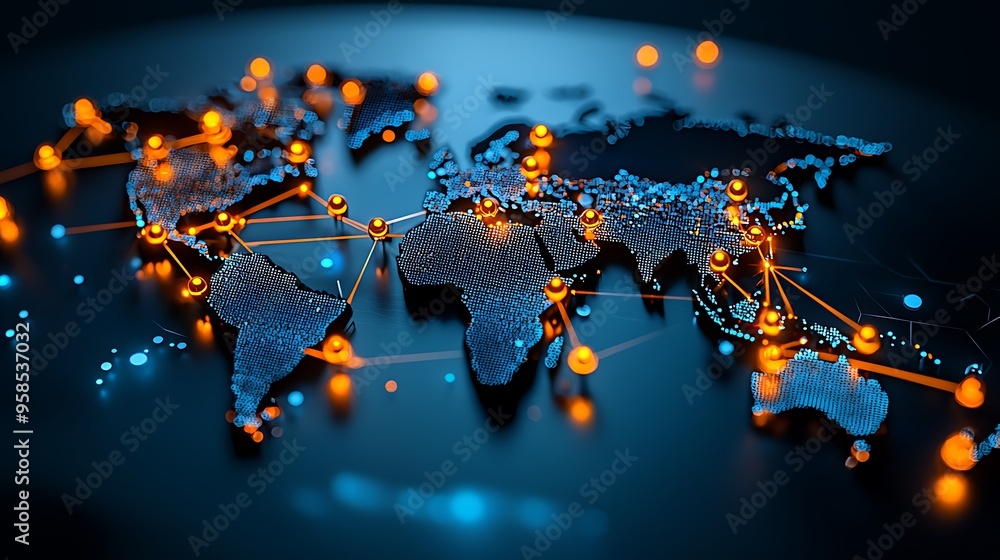 Poster a global network connection with glowing orange nodes on a world map, illustrating the interconnecte